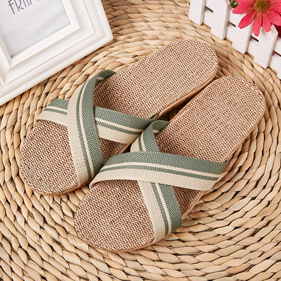 

Coslony New Linen Beach Slippers Man Indoor Bathroom Slides Unisex Family Slippers Men Home Shoes Flip Flops Large Size 35-45