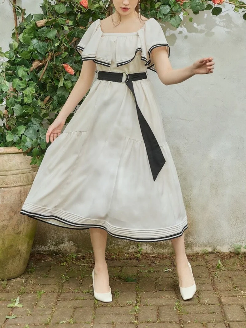 Japanese Short Sleeve Lace-up Slim Waist Vestidos Mujer New Ruffle Square Collar Elegant Dress Women Summer 2023 Vintage Robes