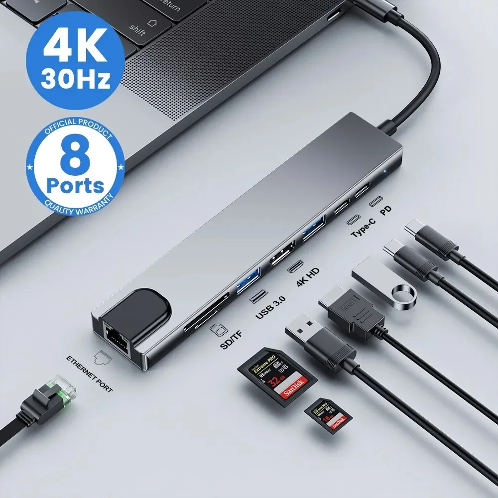 USB-концентратор с 3,0 на 4K HDMI Usb 2,0, разветвитель, док-станция Thunderbolt, otg RJ45, VGA, кардридер для Macbook, ipad, xiaomi