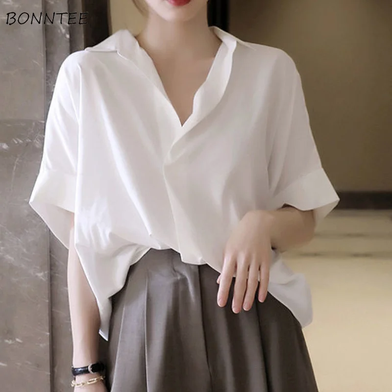 

Блузка женская однотонная базовая, Элегантная Модная классическая свободная простая универсальная рубашка в Корейском стиле, для отдыха, летняя уютная