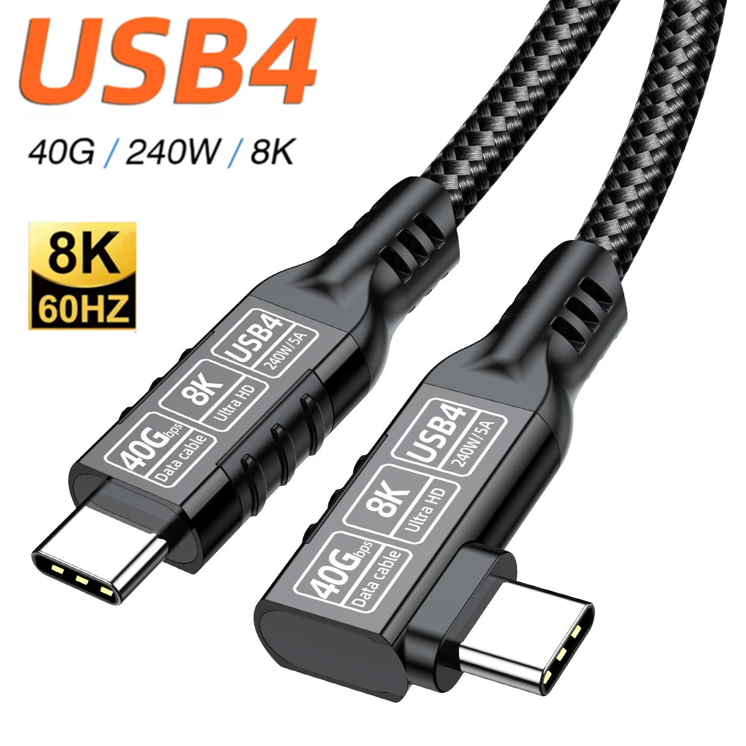 Фото Thunderbolt 5/4 90 градусов USB 4 Type C к USB C Кабель USB5/4 40 Гбит/с 8K PD 240 Вт Кабель для быстрой зарядки данных для Macbook Pro iPad SSD №1