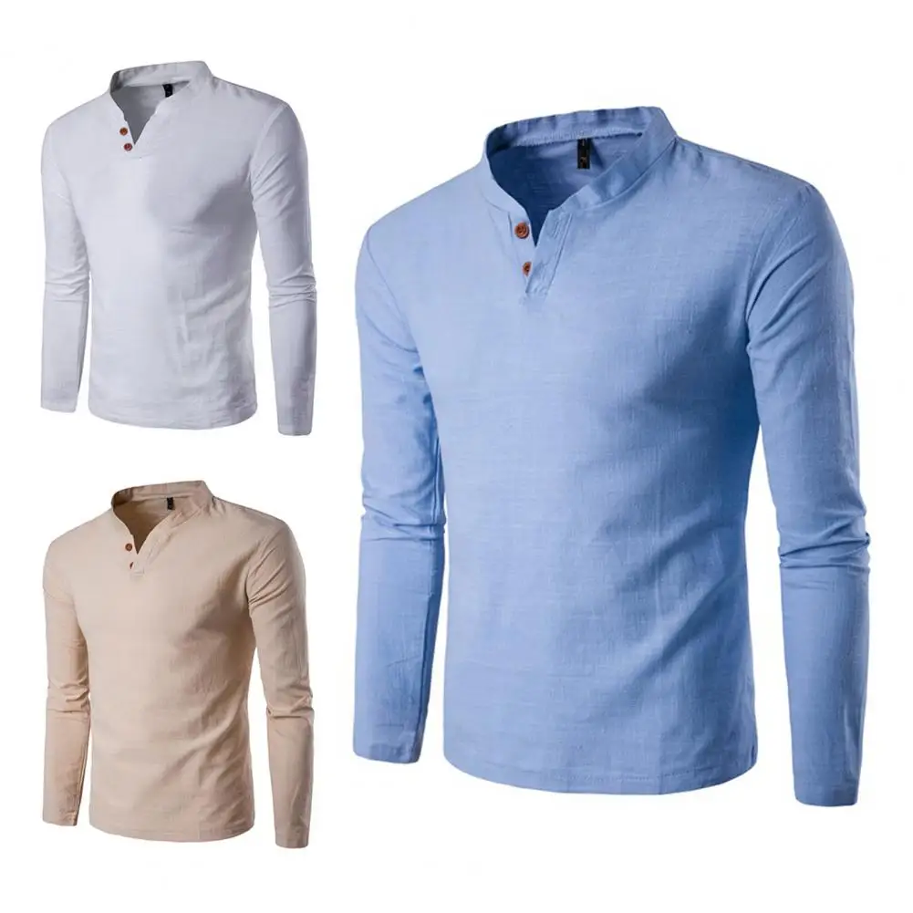 

Men T-shirt Solid Color Long Sleeve Casual T-shirt Chinese Style Summer Stand Collar T-shirt Streetwear