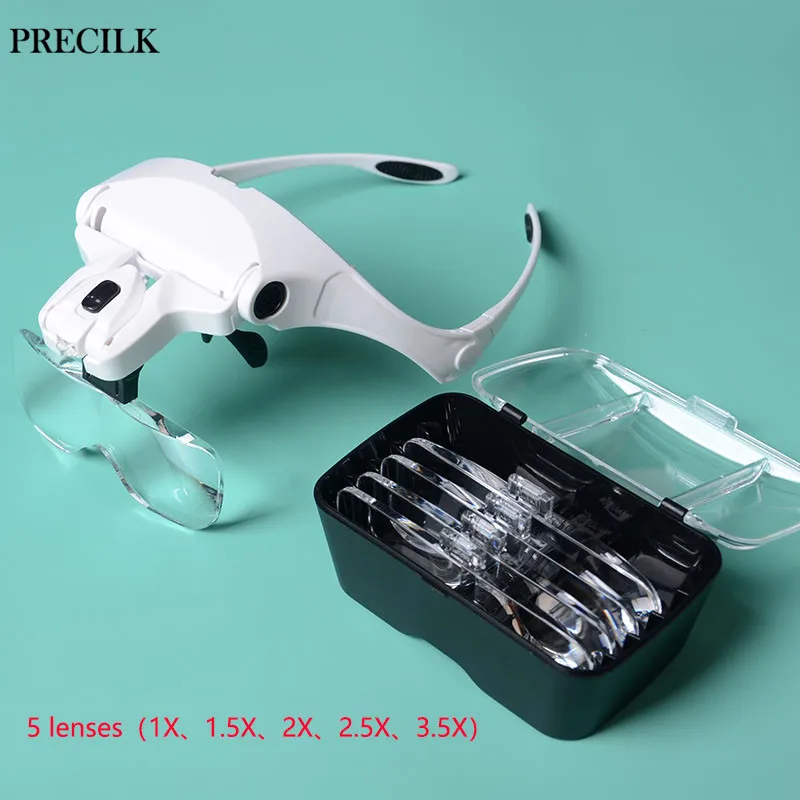 

2 LED Spectacle Frame or Headband Head-mounted Wearing Magnifier Optical Lens Repair Beauty Reading Loupe Magnifying Glass