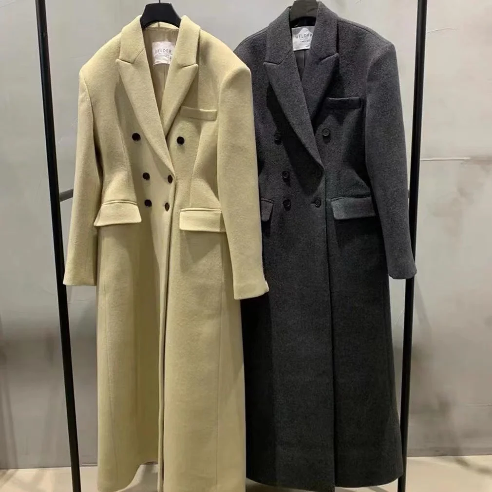 

Длинное зимнее шерстяное пальто в английском ретро-стиле, женское модное двубортное приталенное пальто из смешанной шерсти с высокой талией