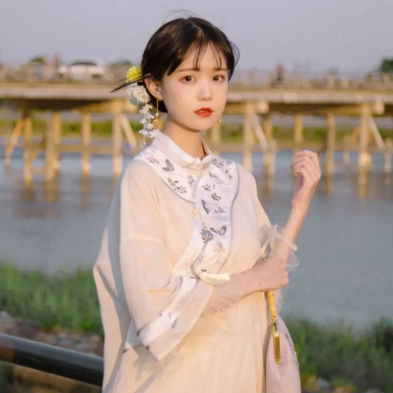 

Summer New Chinese Style Literary and Art Drop-shoulder Sleeves Loose Embroidered Stitching Cheongsam