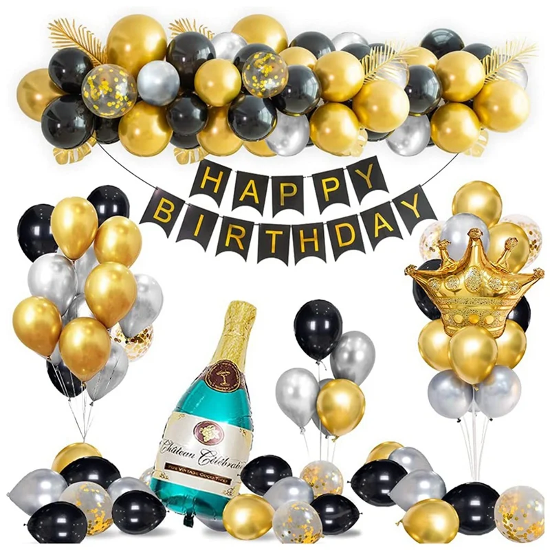 

Украшение на день рождения из черного золота, воздушный шар на день рождения с баннером на день рождения, латексные шары с конфетти из хроми...
