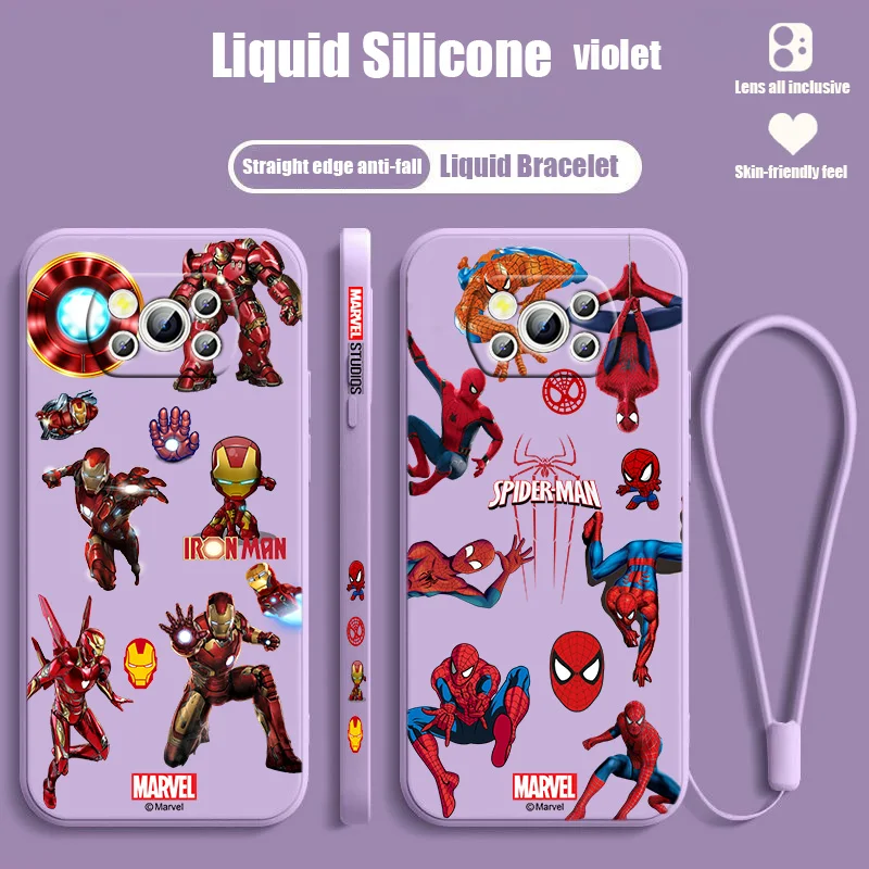

Marvel Iron Man Fashion For POCO C55 C50 C40 M5S M4 M3 F4 F3 X5 X4 X3 X2 NFC GT Pro Liquid Left Rope Lanyard Phone Case