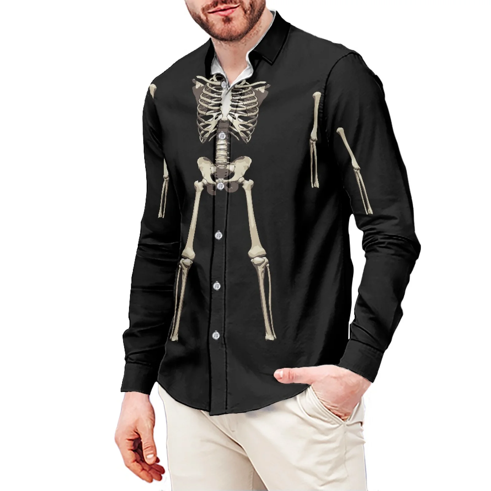 Gray Skeleton Print Polynesian Hawaiian Casual Sport Style Men's Shirt Stand Collar 6XL Long Sleeve Men's Shirt