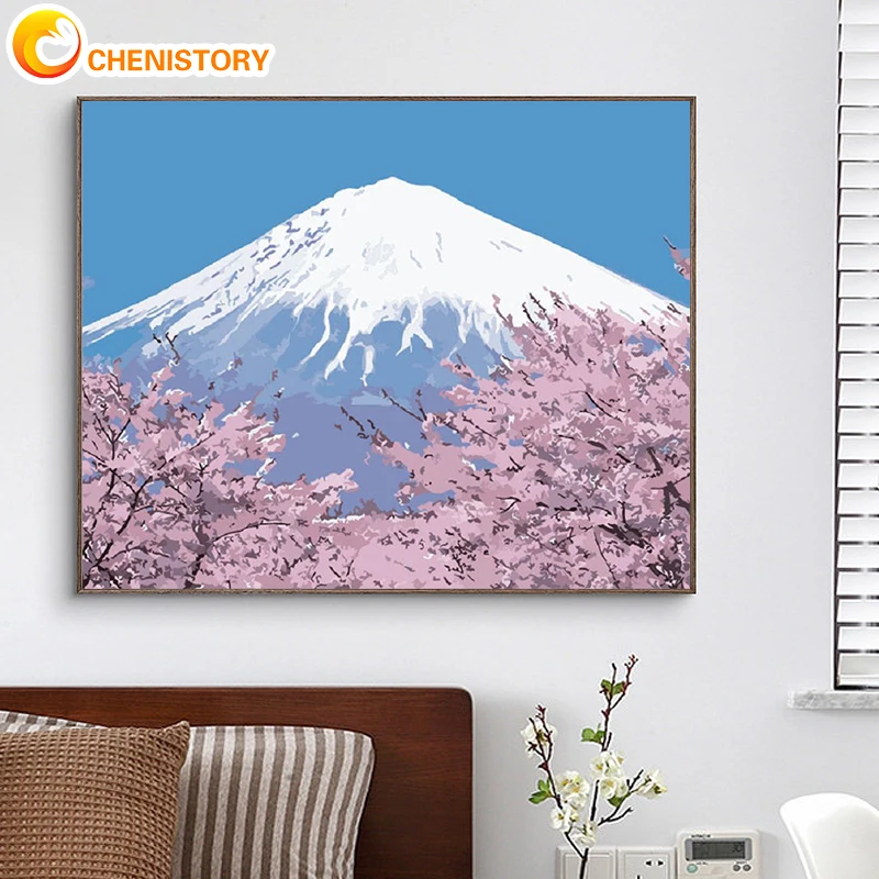 

CHENISTORY Acrylic Painting By Numbers Sakura Snow Mountain With Frame Pictures By Numbers Flower Number Painting Wall Art