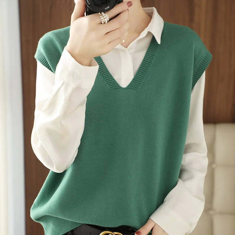 

Женская футболка весна-осень Новинка жилет с V-образным вырезом Повседневный Трикотажный жилет большого размера корейская мода трикотажны...