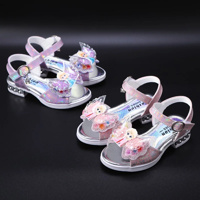 

Весенние новые детские сандалии Disney на высоком каблуке со стразами и бантом, милые Мультяшные сандалии «Холодное сердце», обувь принцессы