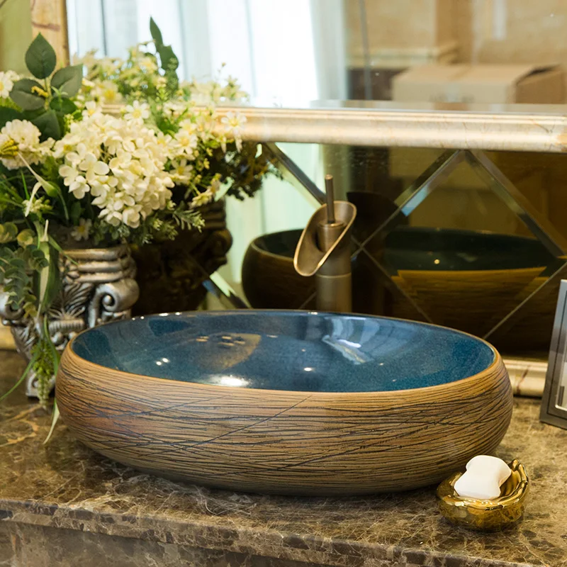 

Retro Blue Glazed Oval Decorative Artistic Wash Toilet Bathroom Sink With Grain
