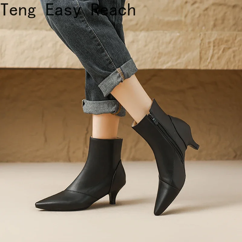 

New Women's Gold Ankle Boots 2024 Fashion Patent Leather Women's Pointy Side Zipper Skinny Heel Winter Silver Chelsea Boots