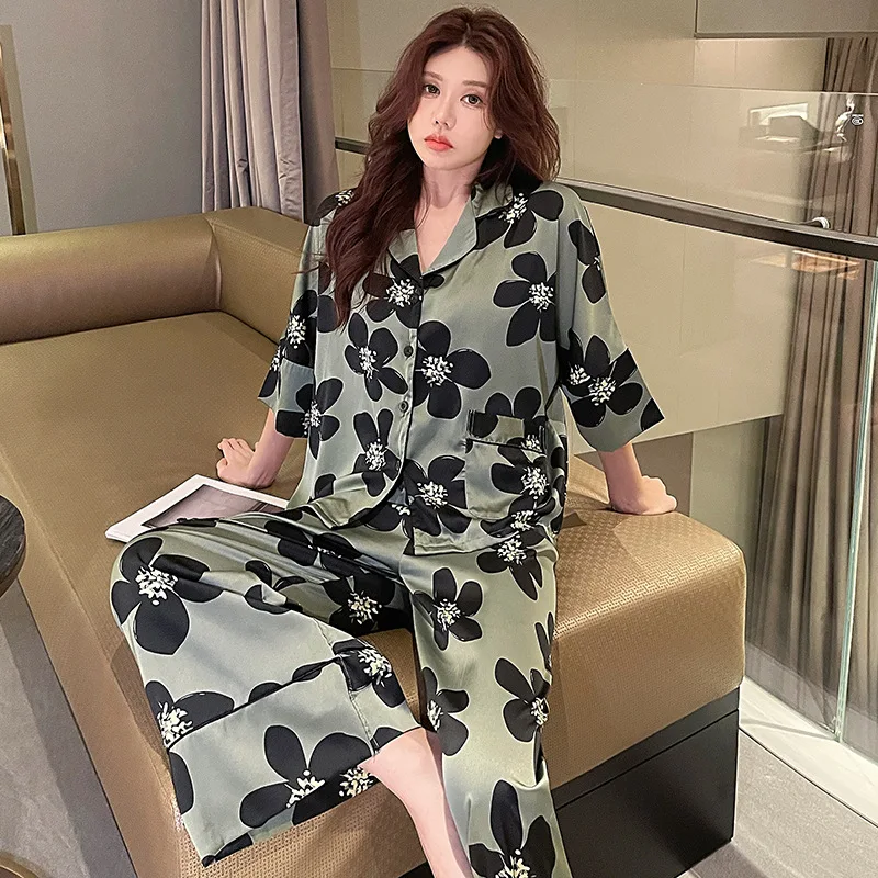 Vintage Clothes Women Clothing 2 Pieces Set Silk Satin Set Women Flower Luxury Designer Outfits Loungewear