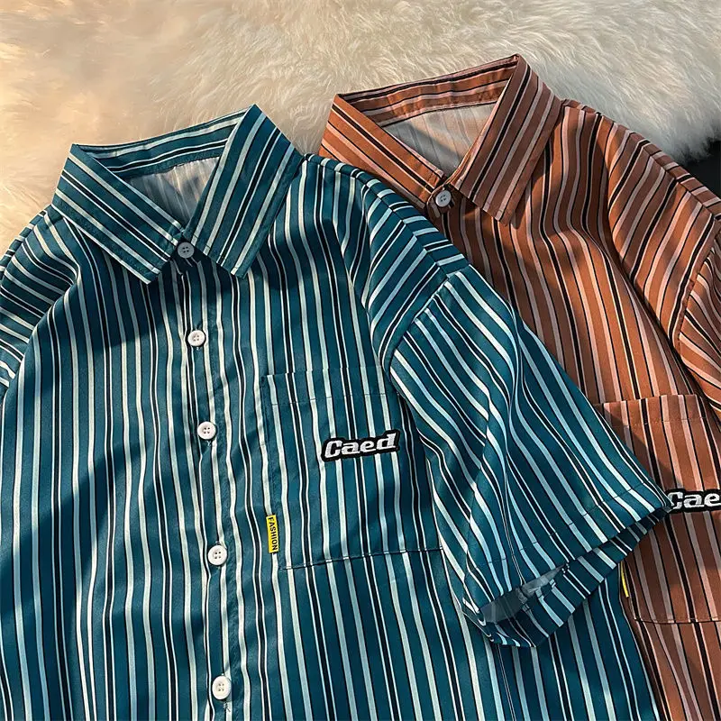 

Striped Printed Button Up Shirt Women Shirts Blouses Short Sleeve Casual Japanese Fashion Student 2022 Summer Couple Tops Mujer
