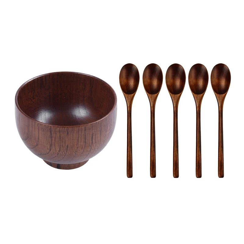 

HOT-6Pcs Wooden Tableware: 1 Pcs Bowls Soup Bowl Healthy Food Container & 5 Pcs Soup Spoon Natural Ellipse Ladle Spoon Set