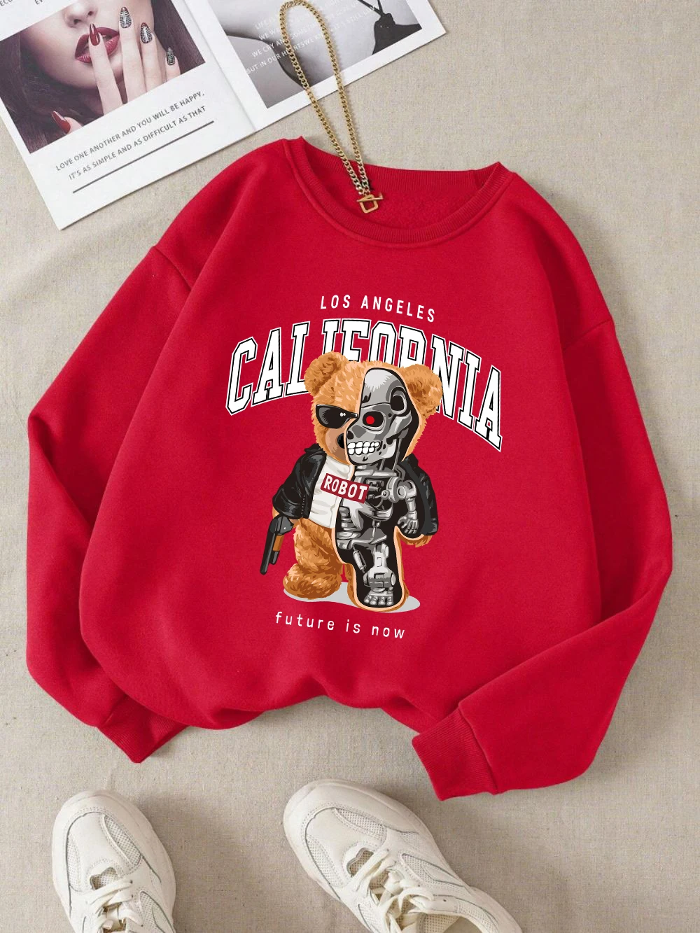 Флисовый теплый свитшот с надписью Mecha Bear California |