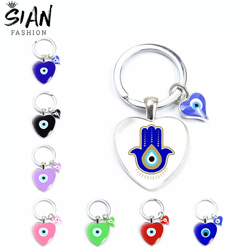 

Blue Turkish Evil Eye Heart Keychains Holder Glass Cabochon Fatima Hand Amulet Evil Nazar Eye Key Chain Lucky Jewelry Trinkets