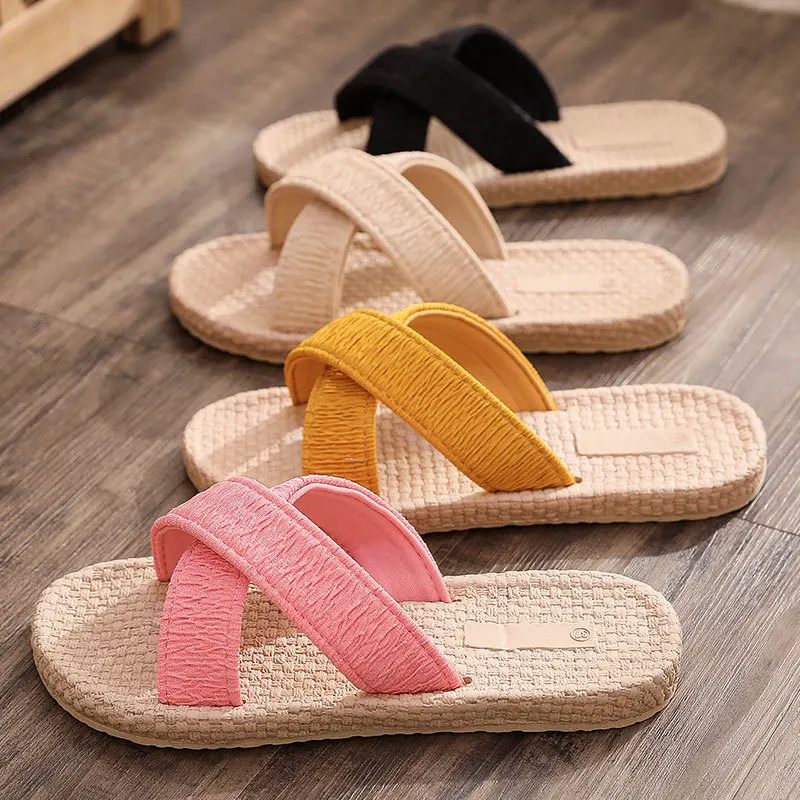 

Candy-Colored Faux Straw Women's Sandals Cross Woven Belt Flip-Flops 2022 New 1.7cm Heel WNh