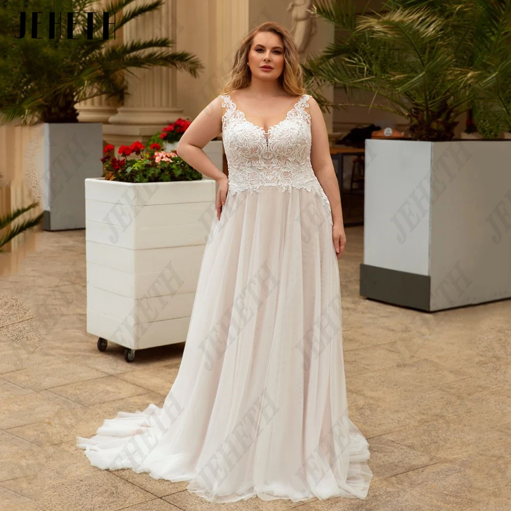 

JEHETH Modern Sleeveless Wedding Dress Plus Size Deep V-Neck Zipper Back Bride Gown Lace Applique A-Line Tulle vestidos de novia