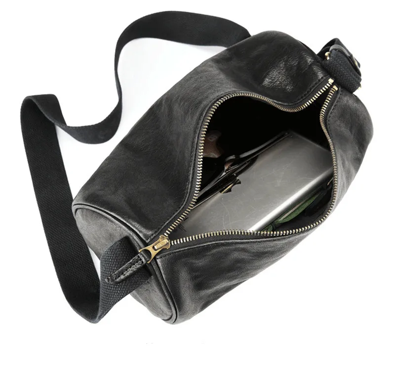 Casual fashion cylinder design luxury genuine leather men's shoulder bag simple soft natural real cowhide teens crossbody bags