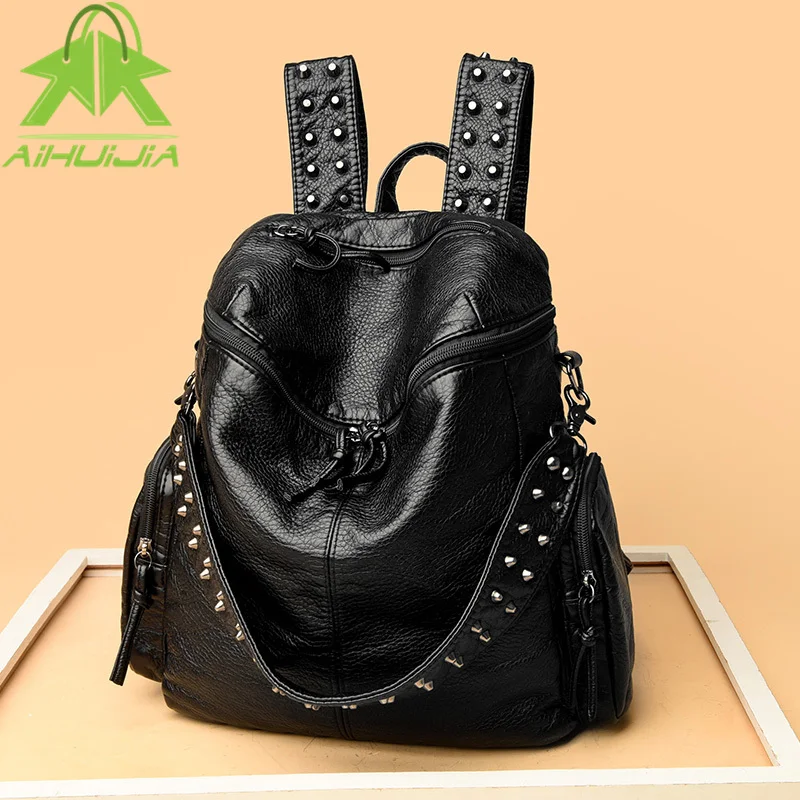 

Vintage Women Soft Pu Leather Backpacks Fashion Rivet Female Shoulder Bag Sac A Dos Casual Ladies Bagpack Mochilas School Bags