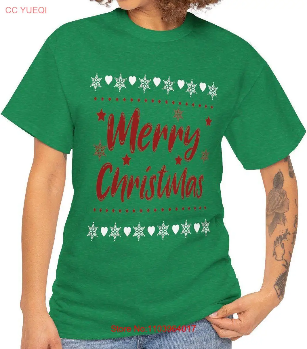 Merry Christmas Green or Grey Heavy Cotton T Shirt Festive Holiday Idea Red Lettering long short sleeves