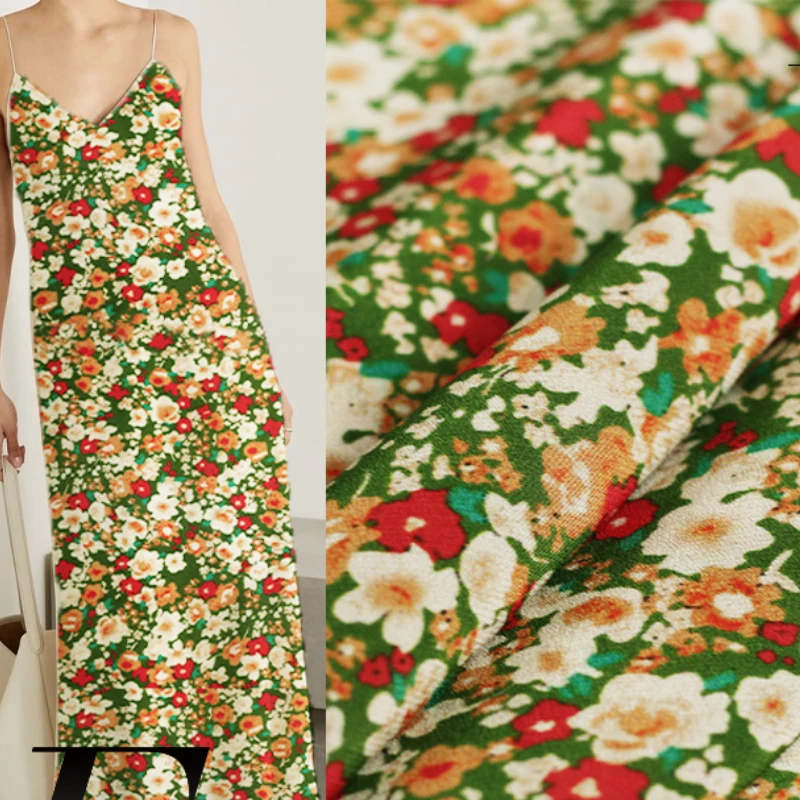 

Mulberry Silk Crepe De Chine Fabric Fashion Ginger Green Small Red Flower Digital Printing Women's Clothing Cloth for Dress