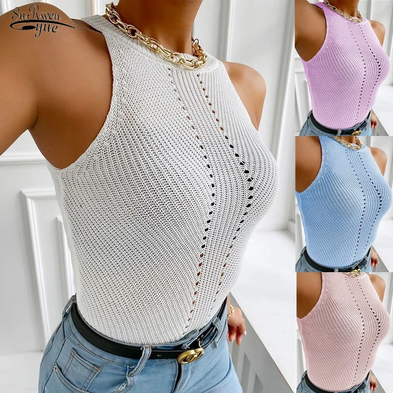 

Casual OL Style Pullover Solid Vest Women Summer New Sexy Short Knitted Vest White O-neck Hollow Out Blouse Women Blusas 19076