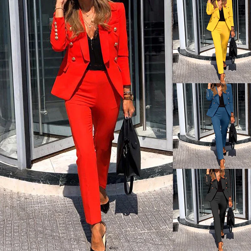 Women's 2 Piece Set Fashion Red Suit Jacket Pants Office Suit Ladies Suit Jacket + Pencil Pants Elegant Commuter Suit Pants