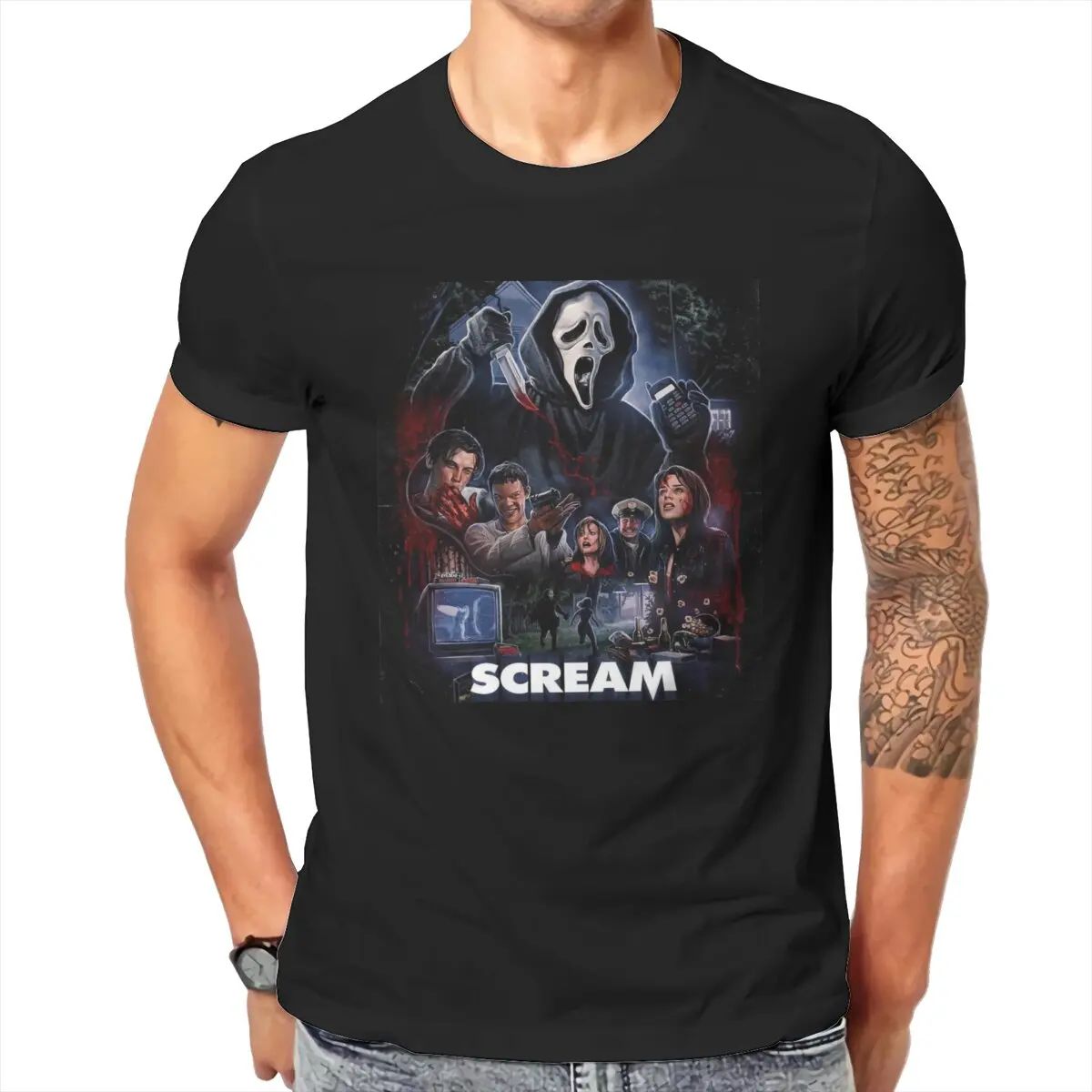 

Crazy Scream Horror Movie Artwork T-Shirt Men Round Neck Pure Cotton T Shirts Scary Ghostface Short Sleeve Tees New Arrival Tops