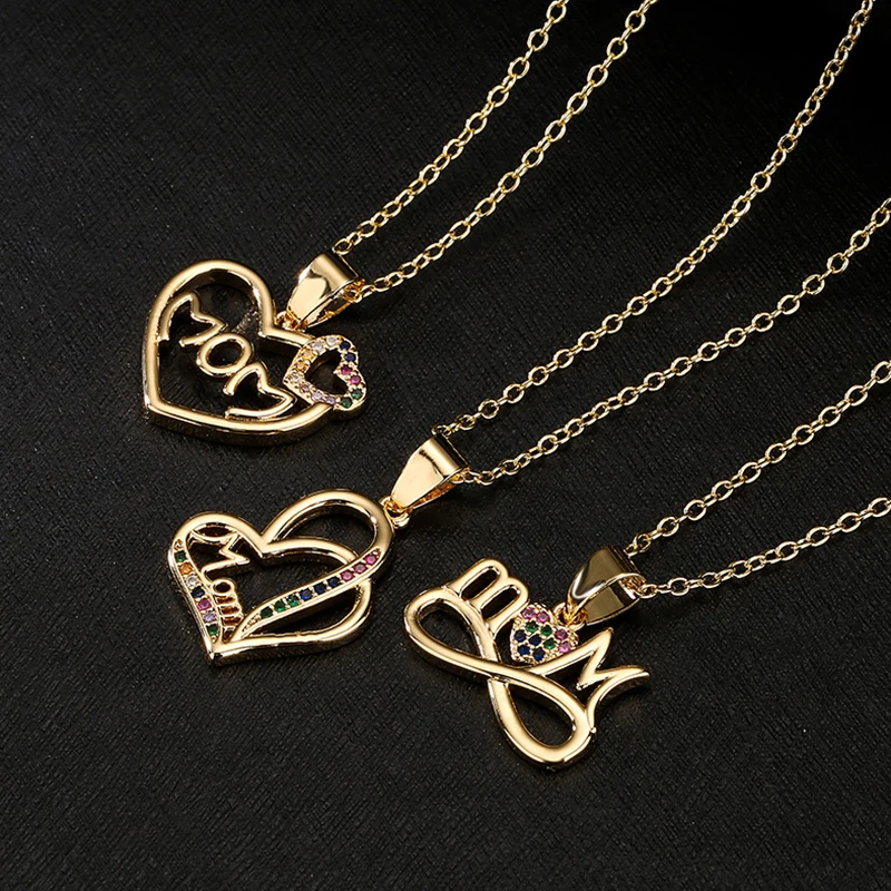 

Mother's Day Gift Crystal Hollow Heart Pendant Necklace for Mom Letter Necklace Women Jewelry Pendant Chain Choker Wholesale