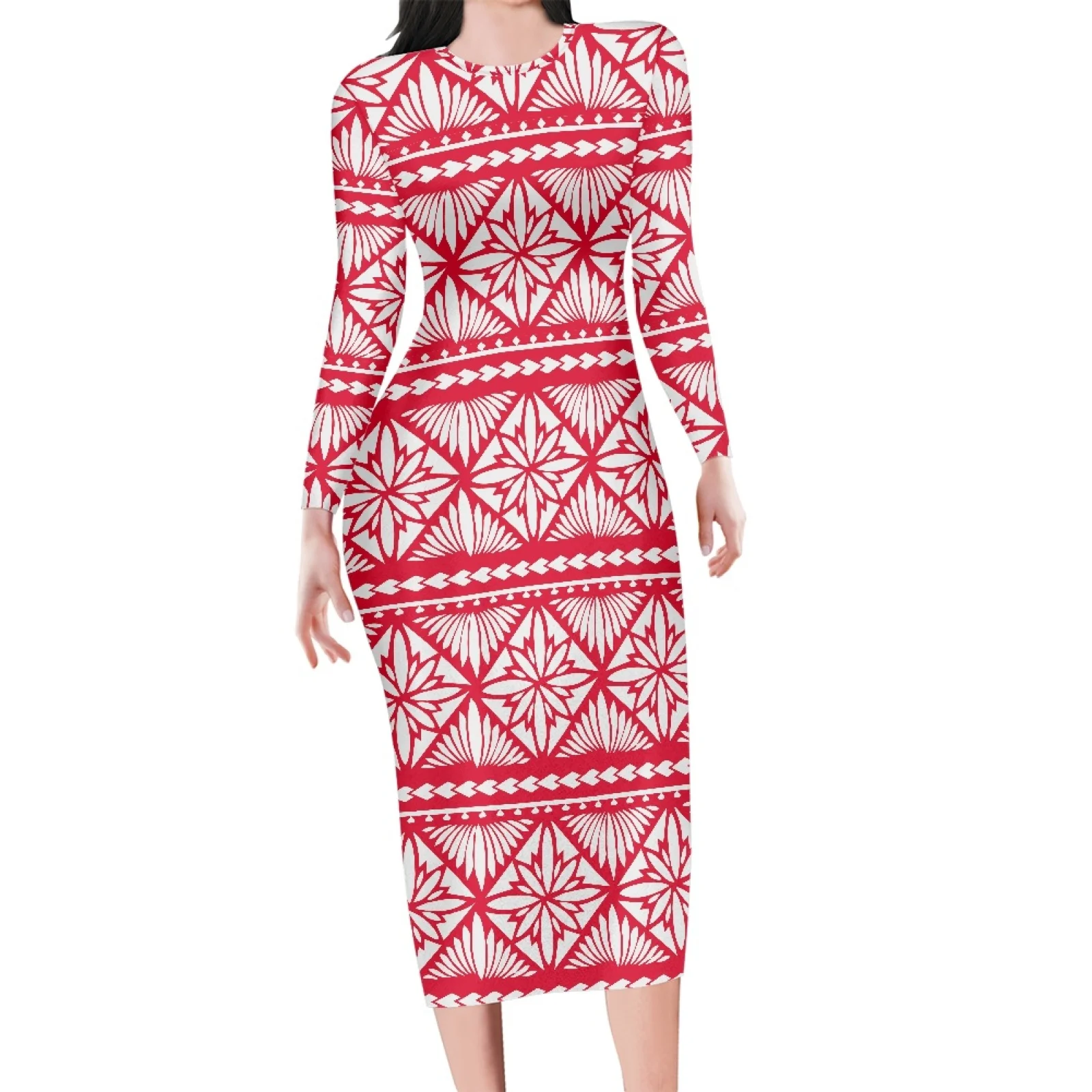 

Polynesian Tribal Fijian Totem Tattoo Fiji Prints Summer Women's Luxury Knitted Cheap Casual Round Neck Long Sleeve Short Dress