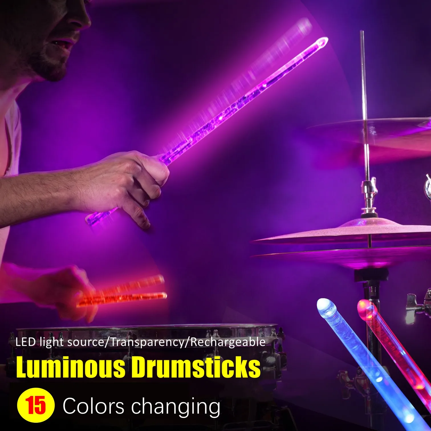 

15 Color Flash Luminous Drumstick PC Polymer Transparency Rechargeable LED Light Source Drum Stick for Performance Accessories