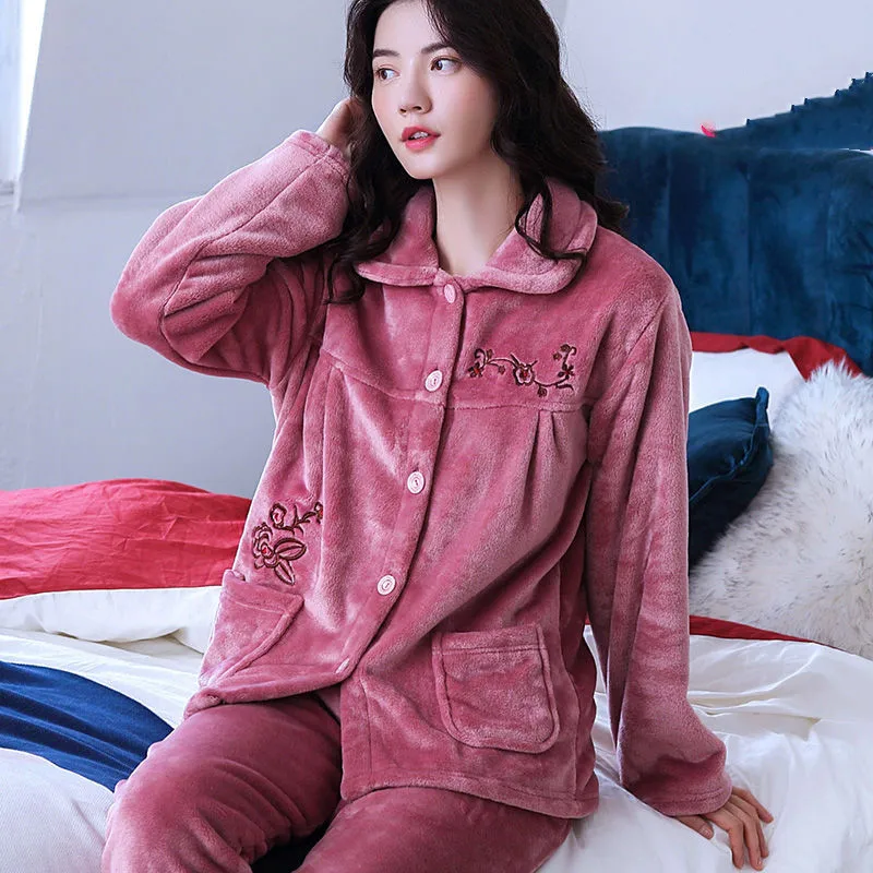 Winter Pajamas Set Casual Sleepwear For Women Soft Flannel Warm Pyjama Women's Fashion Flower Print Thick Homewear Big Size