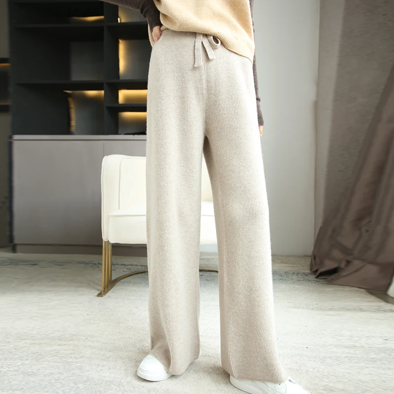 Wool wide-leg pants women's high-waist drape straight-leg pants autumn and winter wool pants outerwear ingot needle thickened kn