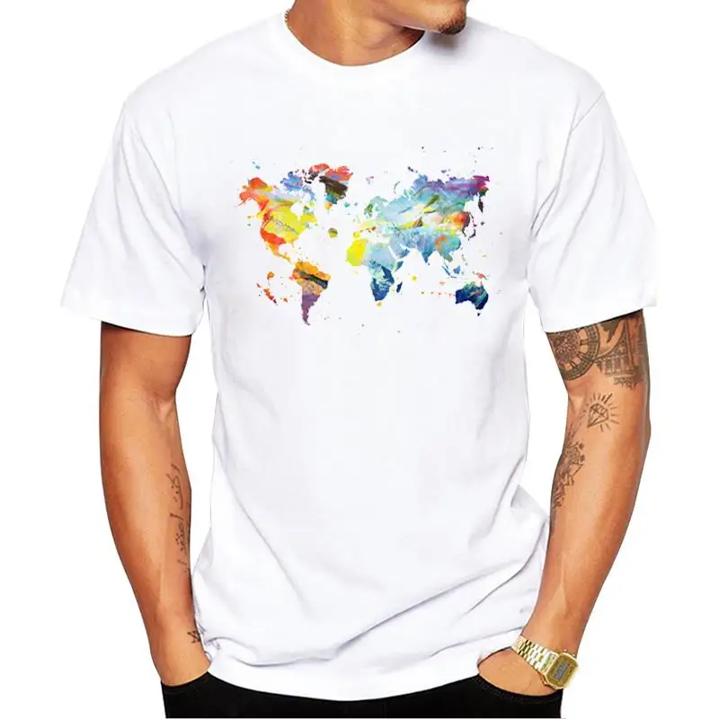 

FPACE Hipster The Corlorful World Men T-Shirt Short Sleeve World Map Printed Tshirts O-Neck Cool Tops Funny Tees