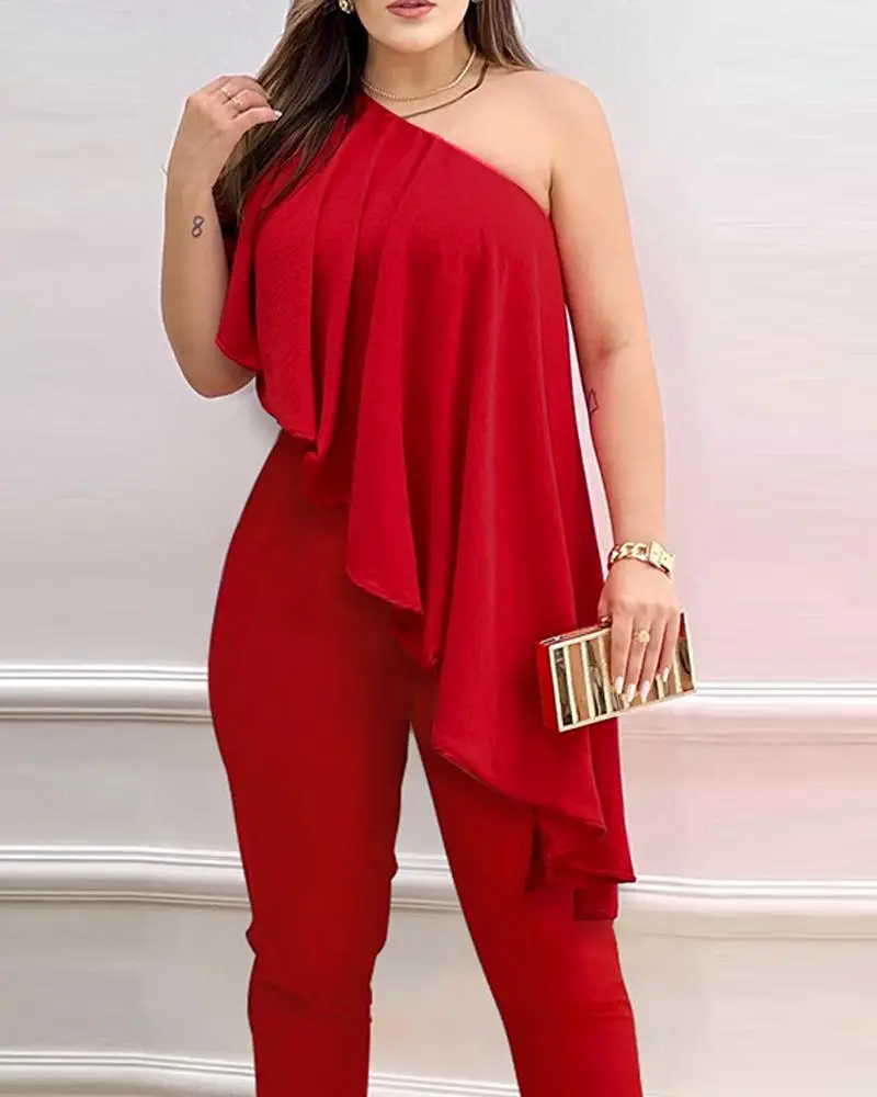 Women's One Shoulder Asymmetrical Ruffles Jumpsuit Rompers Casual Sleeveless Overalls