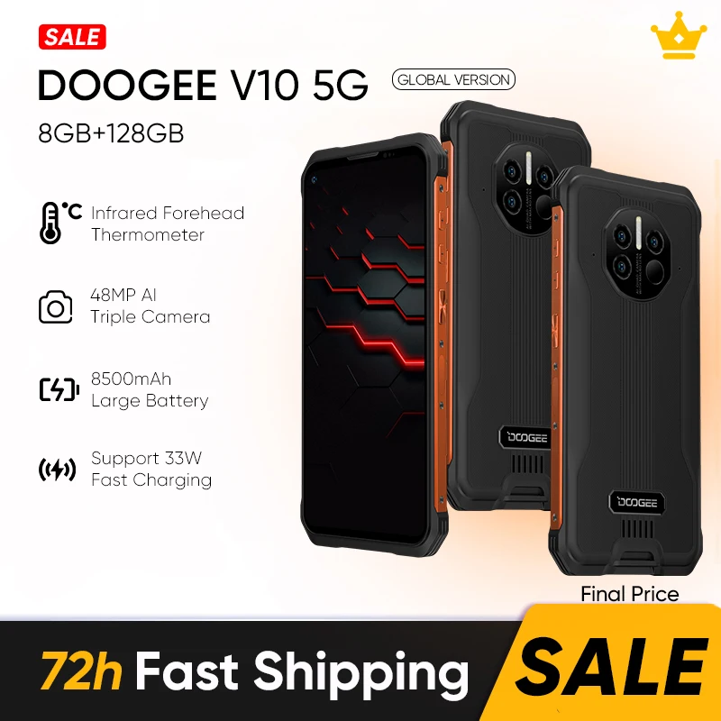 DOOGEE V10 Dual 5G Rugged Phone 8500mAh Battery 48MP Rear Camera 33W Fast Charging SmartPhone Global Version NFC