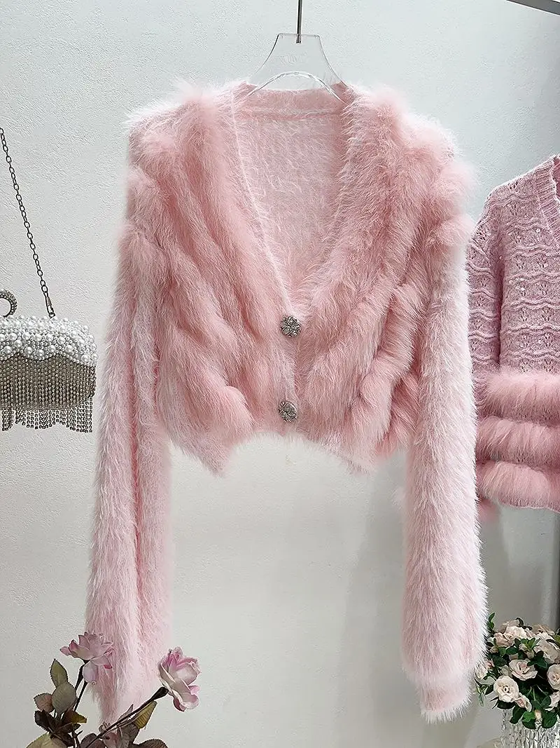 Real Shot! Sweater Cardigan Women 2024 Autumn New High end Temperament Elegant Fox Fur Patchwork Two Buttons Mink Cashmere Ca... |