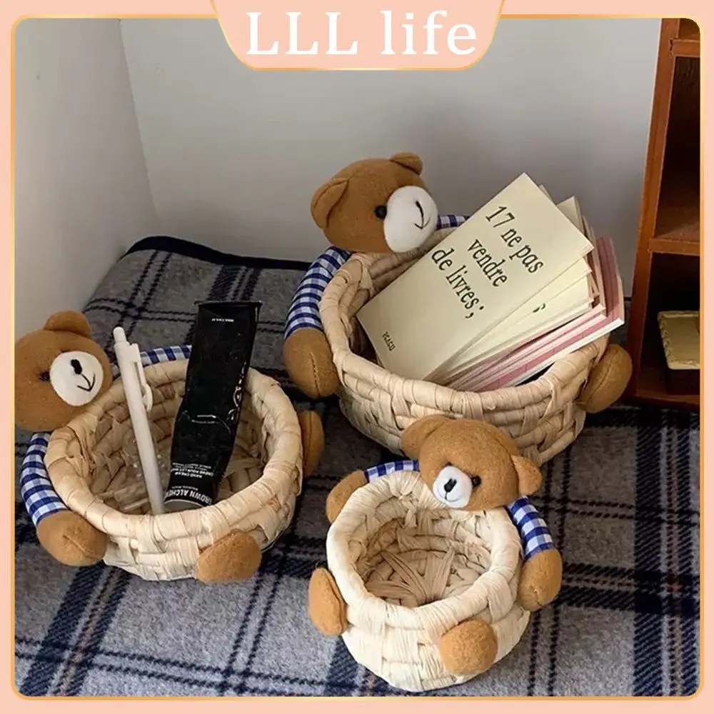 

Straw Woven Storage Basket Ins Wind Cute Bear Basket Desktop Key Remote Control Debris Storage Basket Bear Hugging Doll 9×6×8cm