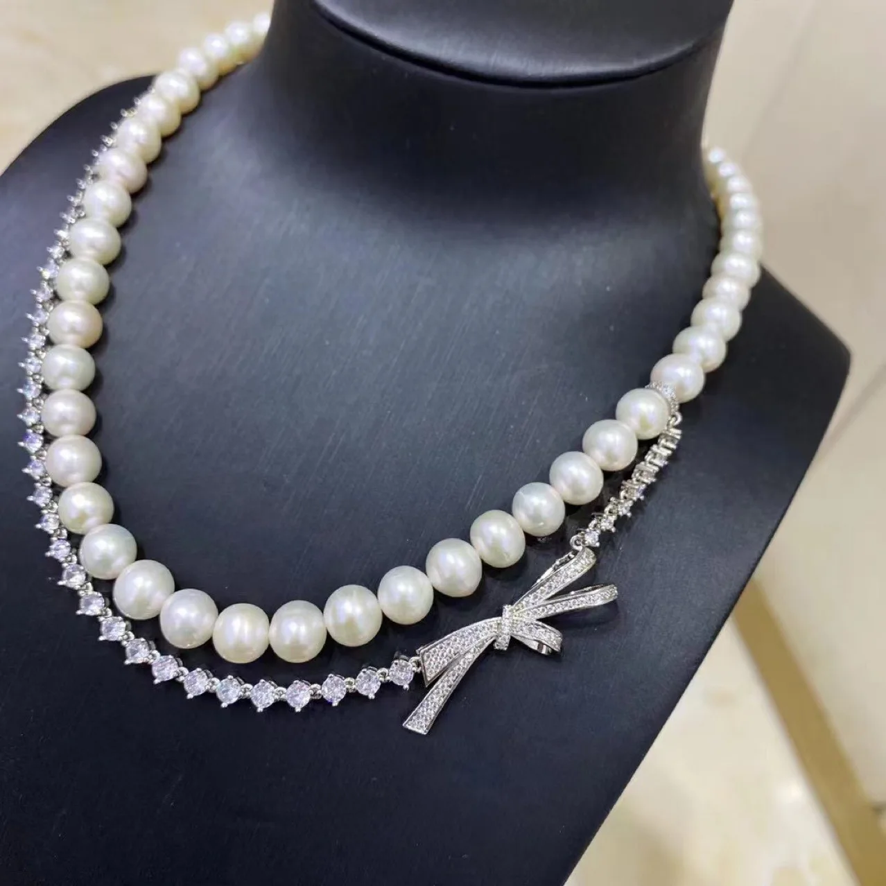 freshwater pearl white near round 8-9mm necklace +bowknot zircon chain 43cm nature  wholesale FPPJ