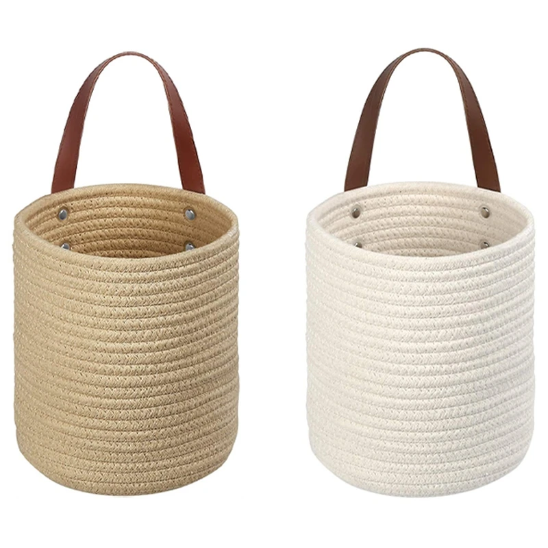 

4Pack Hanging Baskets Wall Basket Woven Storage Baskets Jute With Leather Handles Small Decorative Baskets