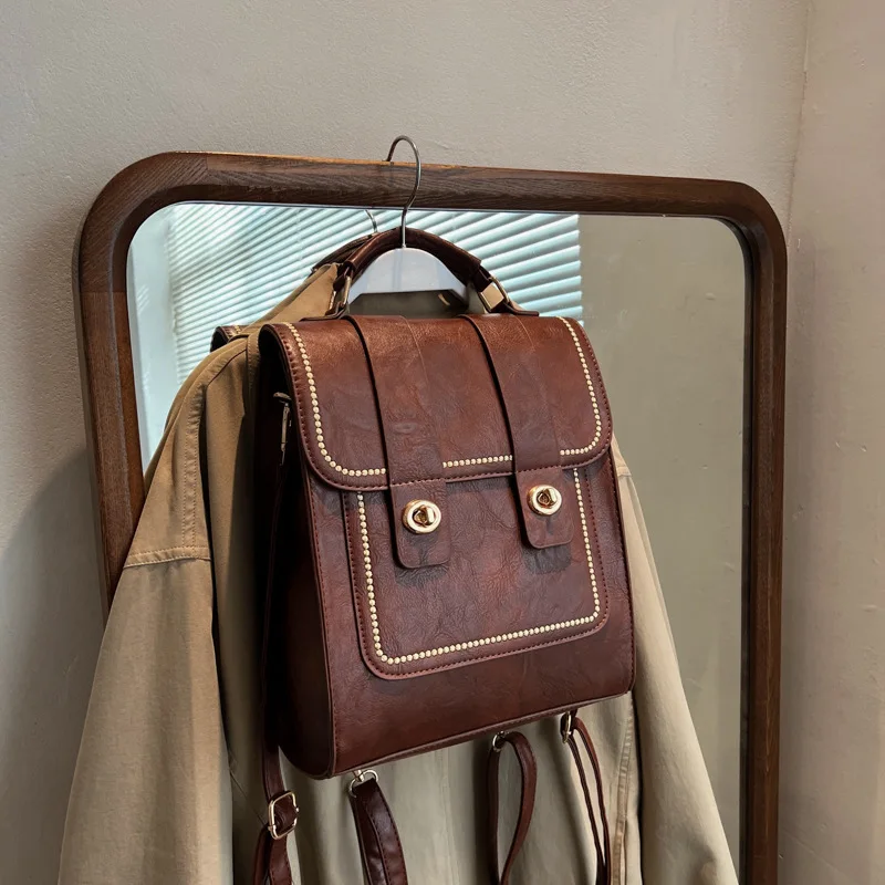 

Women's Backpack Pu Leather Vintage Back Pack for Women 2023 Fashion Korean Bagpack Luxury Designer Rucksack Female School Bag