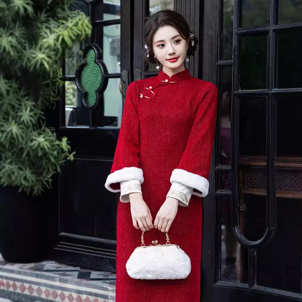 Плюс размер сексуальный тонкий Cheongsam осень-зима женский длинный Ципао помолвка