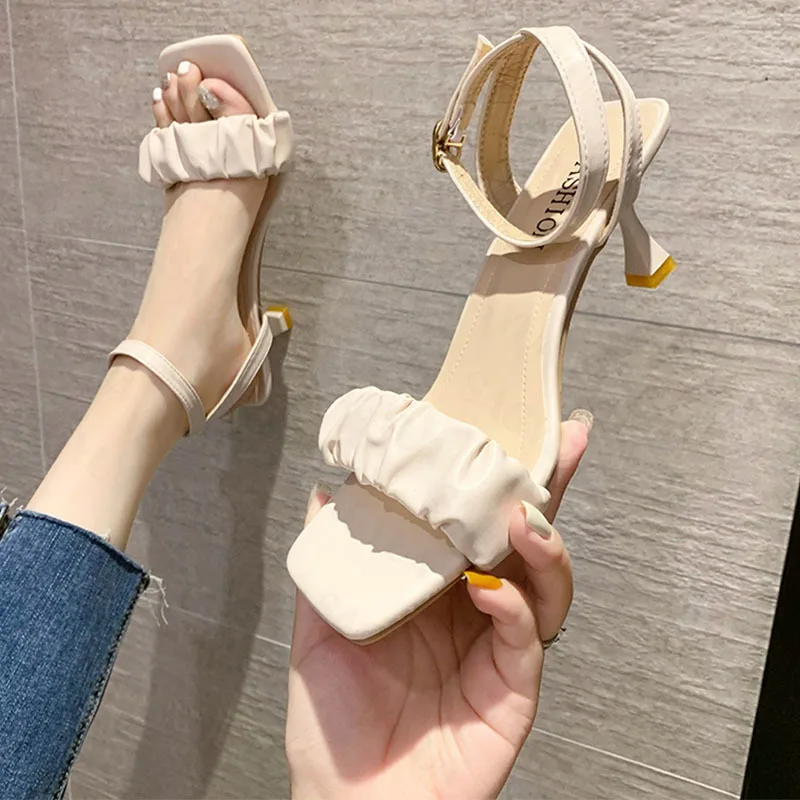 

Square Toe Women High Heels Shoes Pleated Fashion Thick Sandals Summer Pumps 2022 New Designer Women Shoes Dress Slippers Slides