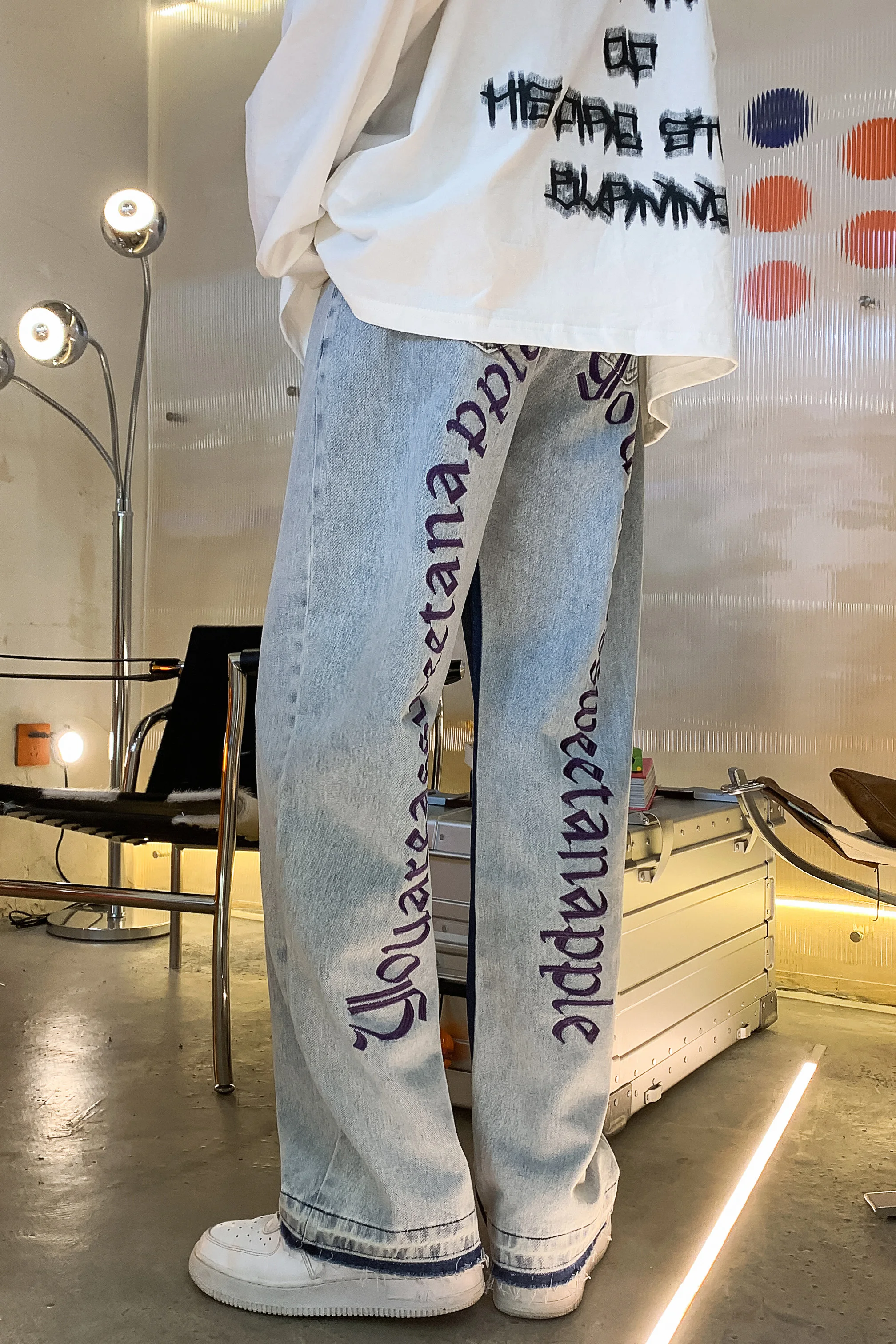 

Джинсы мужские прямые с вышивкой, брюки из денима в стиле пэчворк, мешковатые синие штаны, одежда для мужчин