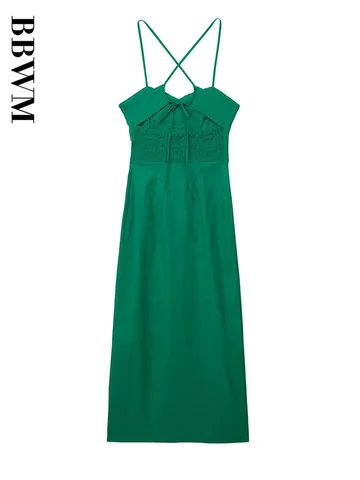 Linen Corset Dress Woman Green Strap Midi Dress Women Sexy Vintage Backless Dresses 2023 Summer Chic Female High Street Dress