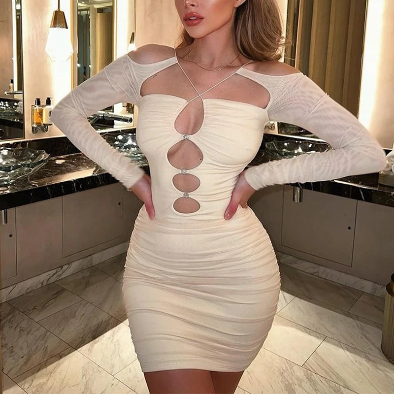 

Evening Club Night Party Dress For Women Sexy Hollow Out Summer Bodycon Dress Long Sleeve Slim Bandage Dresses Female 2022 New