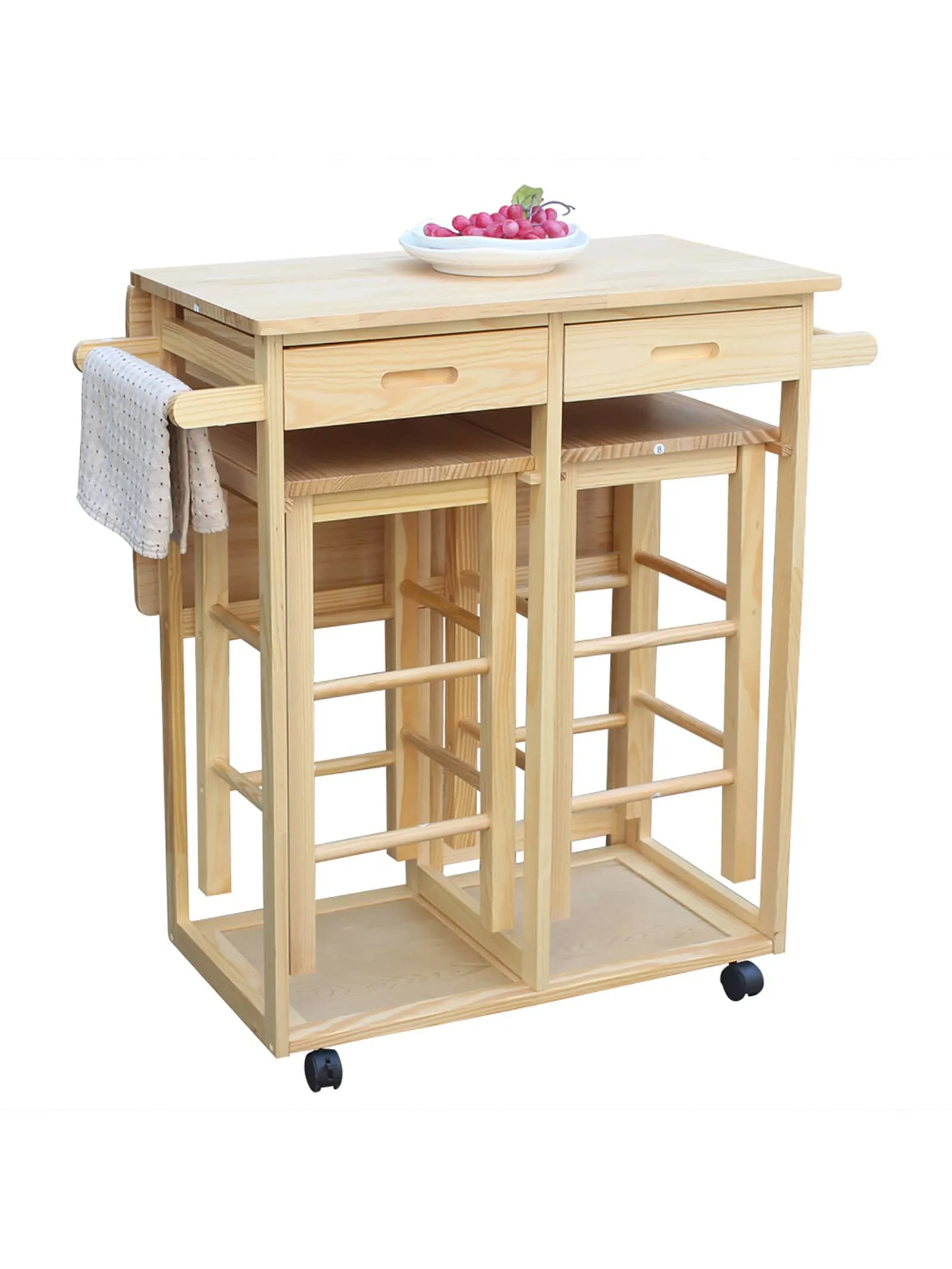 

Wooden Folding Dining Cart, Kitchen Table and Chair Set Island Cart with 2 Stools and 2 Drawer, Hand Pushing Handle